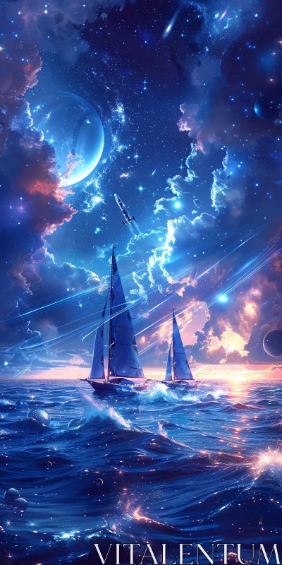 Sailboats in a Cosmic Ocean AI Image
