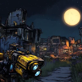 Ruined City with Yellow Weapon under Moon