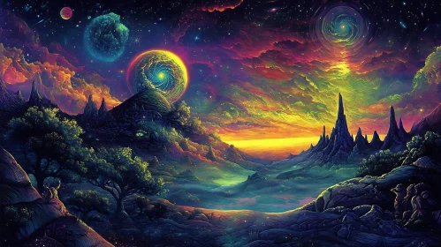 Cosmic Landscape with Planets and Nebula