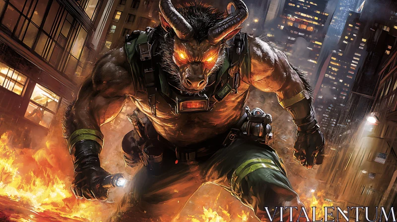 Urban Inferno: The Minotaur's Resolve AI Image