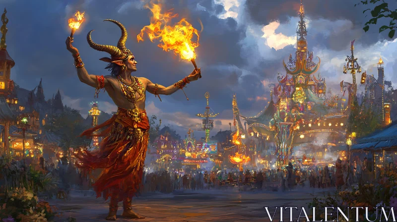 Horned Figure with Flames in Festival Scene