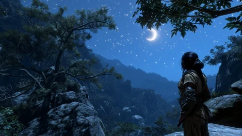 Enchanting Forest Landscape at Night with Moon and Woman