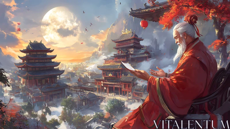 Asian Cityscape with Sage and Moon