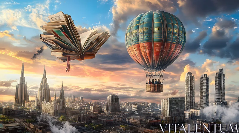 Surreal Cityscape with Flying Book and Balloon AI Image