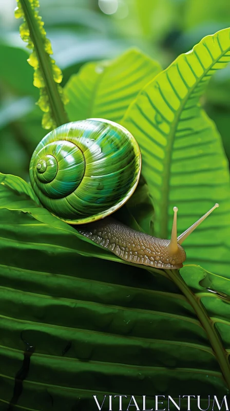 Green Snail on Leaf - Storybook Nature Illustration AI Image