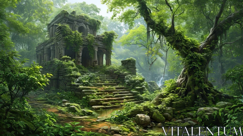 Mysterious Ruined Temple in Jungle - Digital Painting AI Image