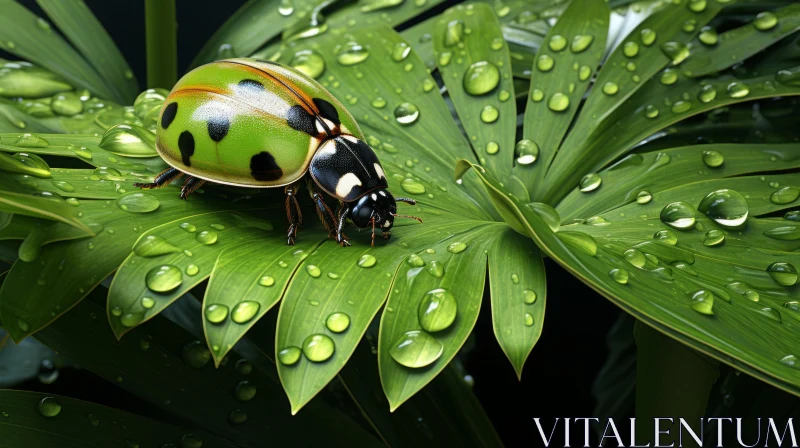 Photorealistic Artwork of a Ladybug on a Rain-kissed Leaf AI Image