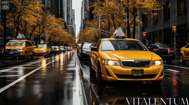 Rainy Day Taxi Commute in the City AI Image