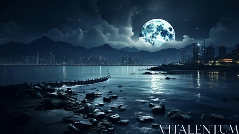 Surrealistic Full Moon over Coastal Cityscape HD Wallpaper AI Image