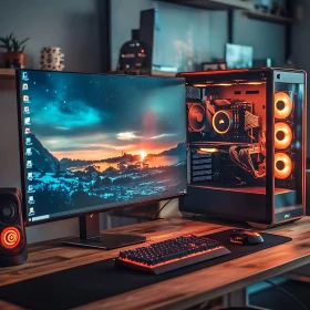 High-Tech Gaming Desktop with RGB Lights and Scenic Monitor