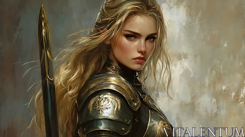 AI ART Female Warrior with Spear in Gold Armor