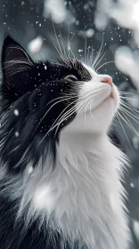 Cat Gazing in Winter Snowfall