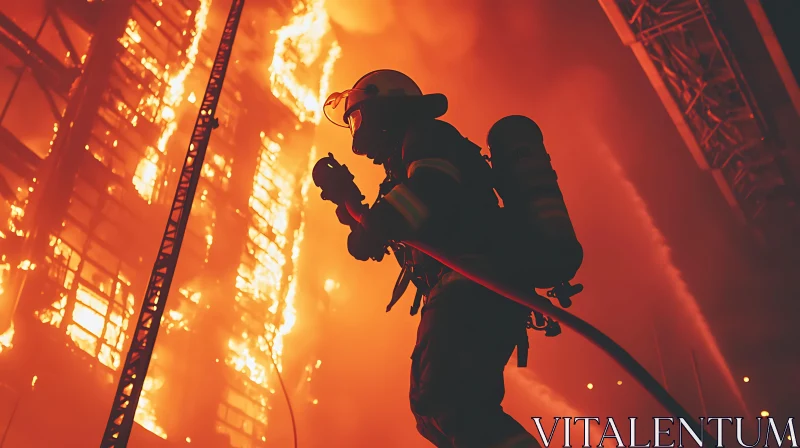 Brave Firefighter in Action Against a Massive Fire AI Image