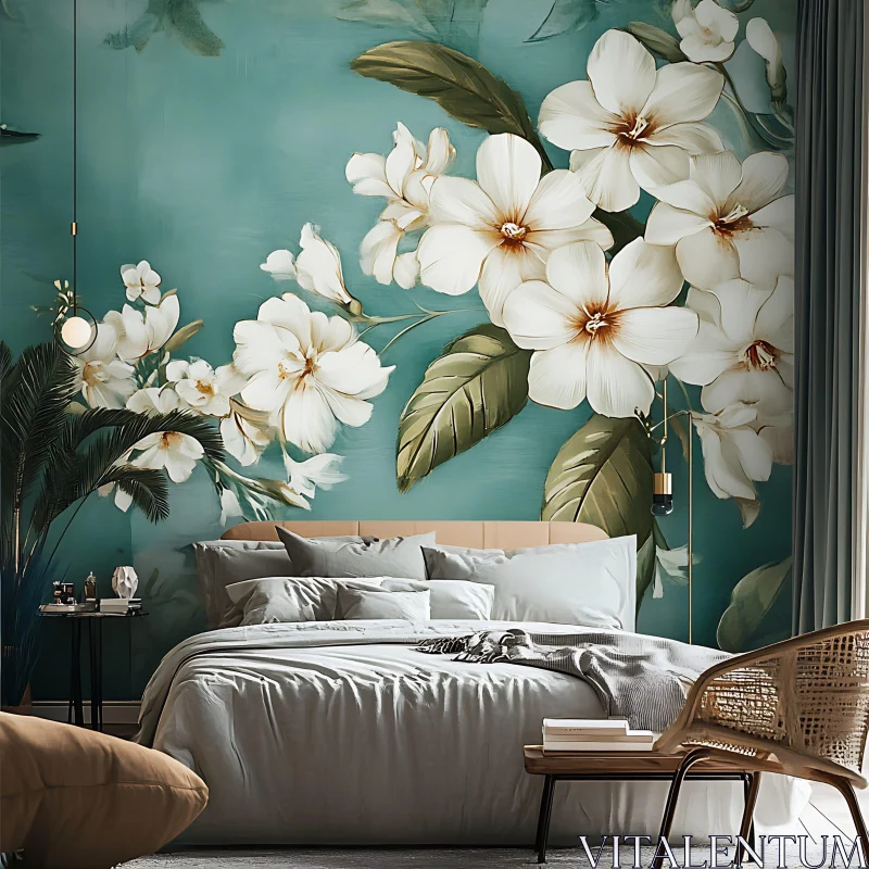 Chic Bedroom Decor Featuring Large Floral Wall Art AI Image