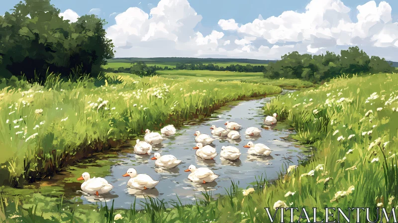 Tranquil Stream with Ducks AI Image