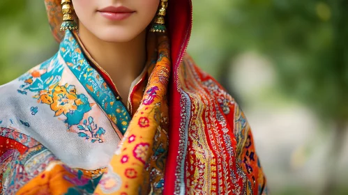 Woman in Traditional Dress with Headscarf