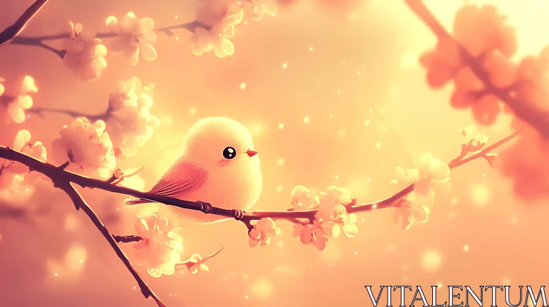 Pastel Bird with Blossoms Illustration AI Image