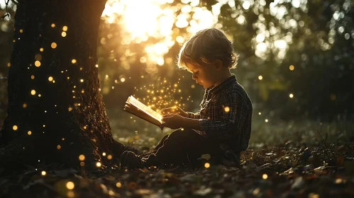 Child Reading Magic Book in Forest
