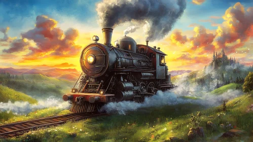 Old Locomotive in Scenic Landscape