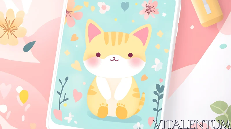 Adorable Cat Cartoon on Teal Background AI Image