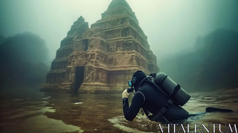 AI ART Underwater Temple Exploration with Diver