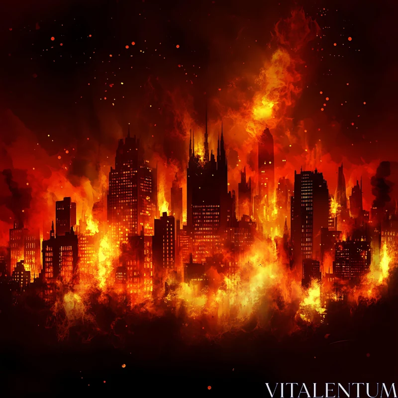 City in Flames: Urban Destruction at Night AI Image