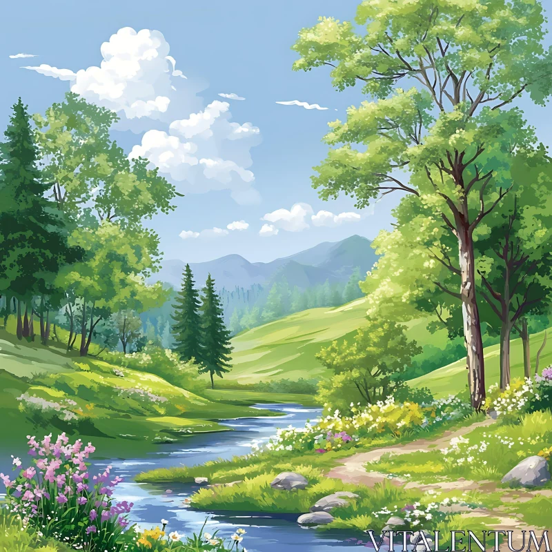 Peaceful Landscape with Trees and Flowers AI Image