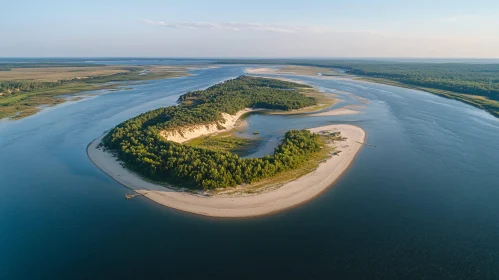 Lush Green Island Surrounded by a Meandering River