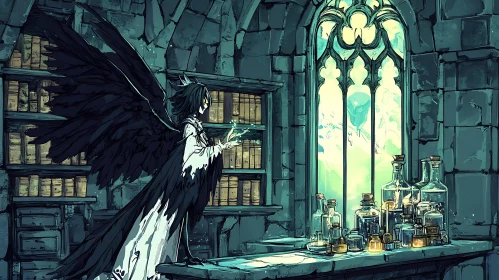 Mystical Library with Winged Character