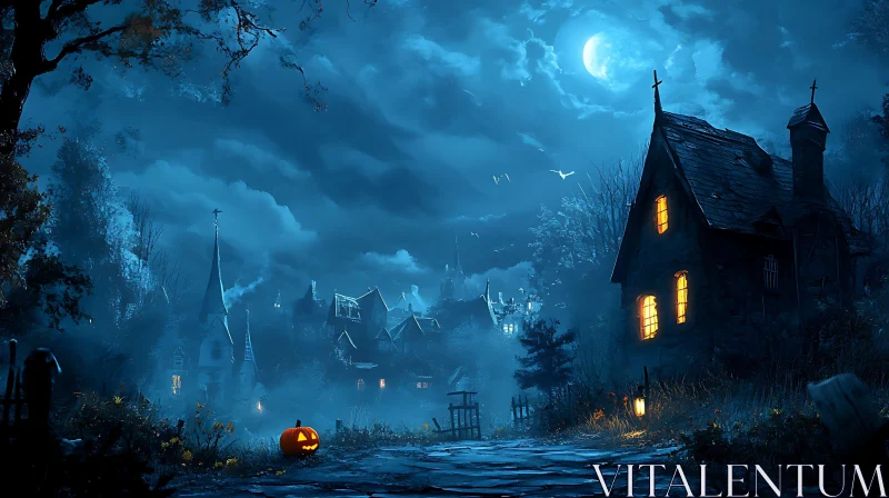 Spooky Halloween Night Landscape AI Image