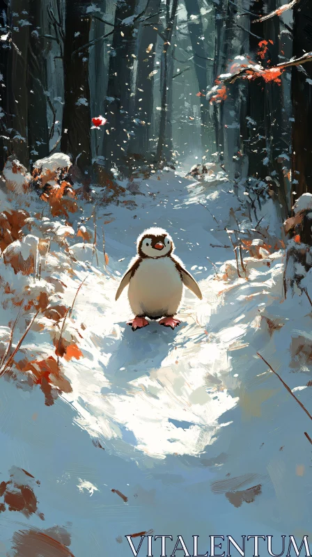 Penguin Amidst Winter Splendor AI Image