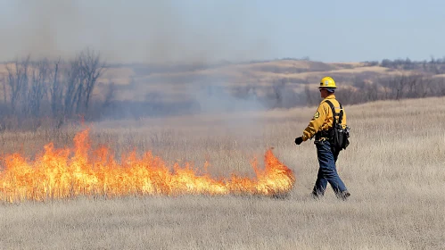 Firefighter Ensuring Safety During Grassland Fire