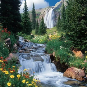 Serene Mountain Stream with Lush Vegetation and Waterfall