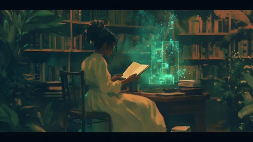 Woman Reading with Glowing Shapes