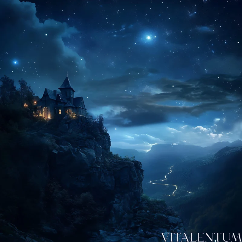 Cliffside Castle at Night AI Image