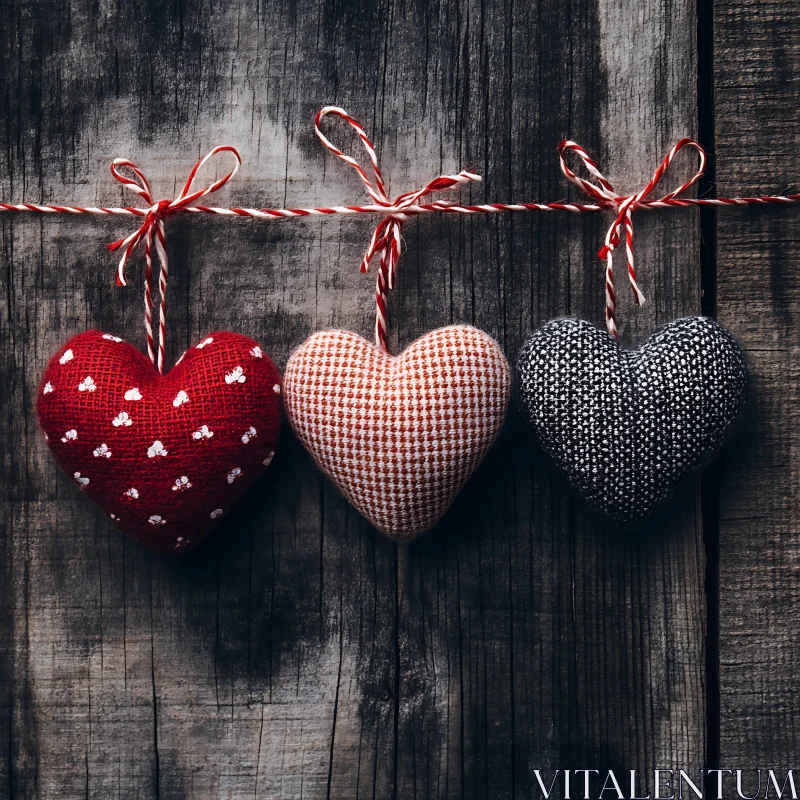 Three Hearts Hanging on Wooden Wall AI Image