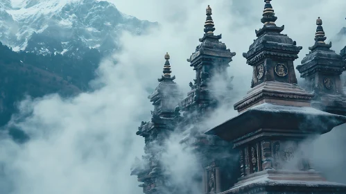 Ancient Asian Temples in Foggy Landscape