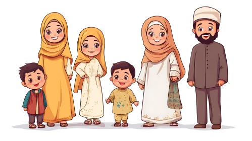 Charming Muslim Family Cartoon Image