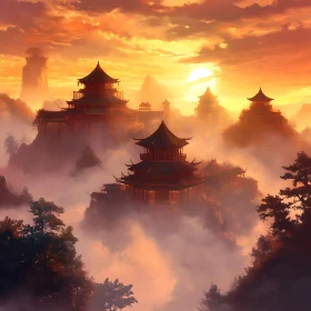 Sunrise Over Ancient Asian Buildings
