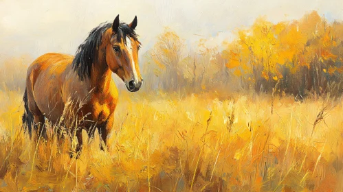 Horse in Autumn Meadow Art