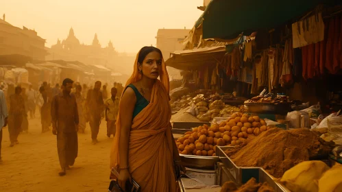 Dusty Market Scene with Woman in Traditional Dress