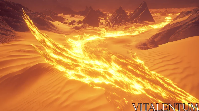 Fiery Lava Stream in Desert AI Image