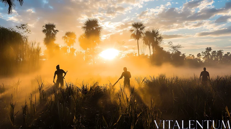 AI ART Misty Field at Dawn with Silhouetted Figures