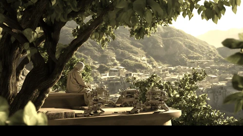 Meditative Monk with Robots Landscape