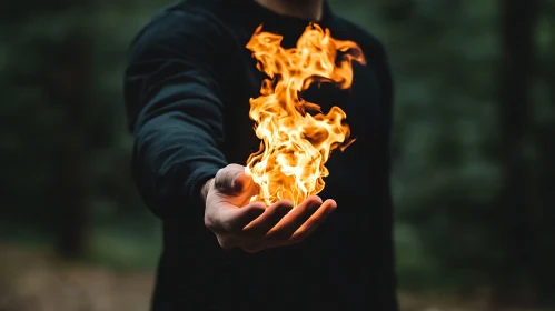 Magical Flame in Hand Amidst Forest Darkness