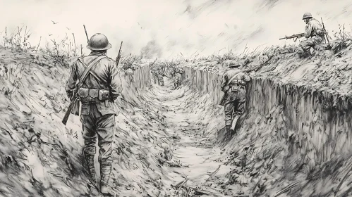 Monochrome Military Trench Warfare Art