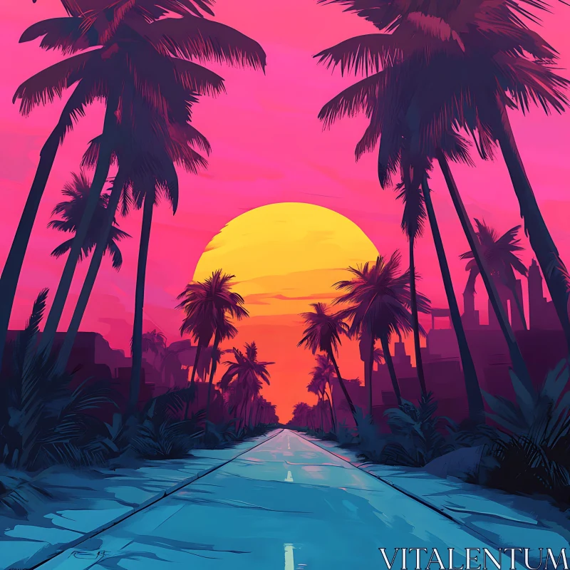Palm Tree Road at Sunset AI Image