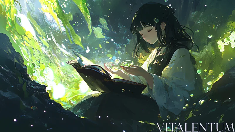 AI ART Anime Girl Reading Book with Magic