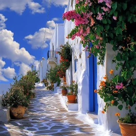 Picturesque Greek Street Scene with Blue Door