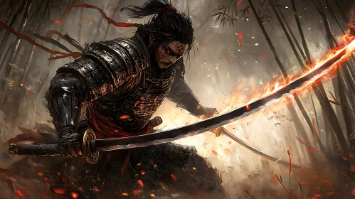 Armored Samurai in Forest with Flaming Sword